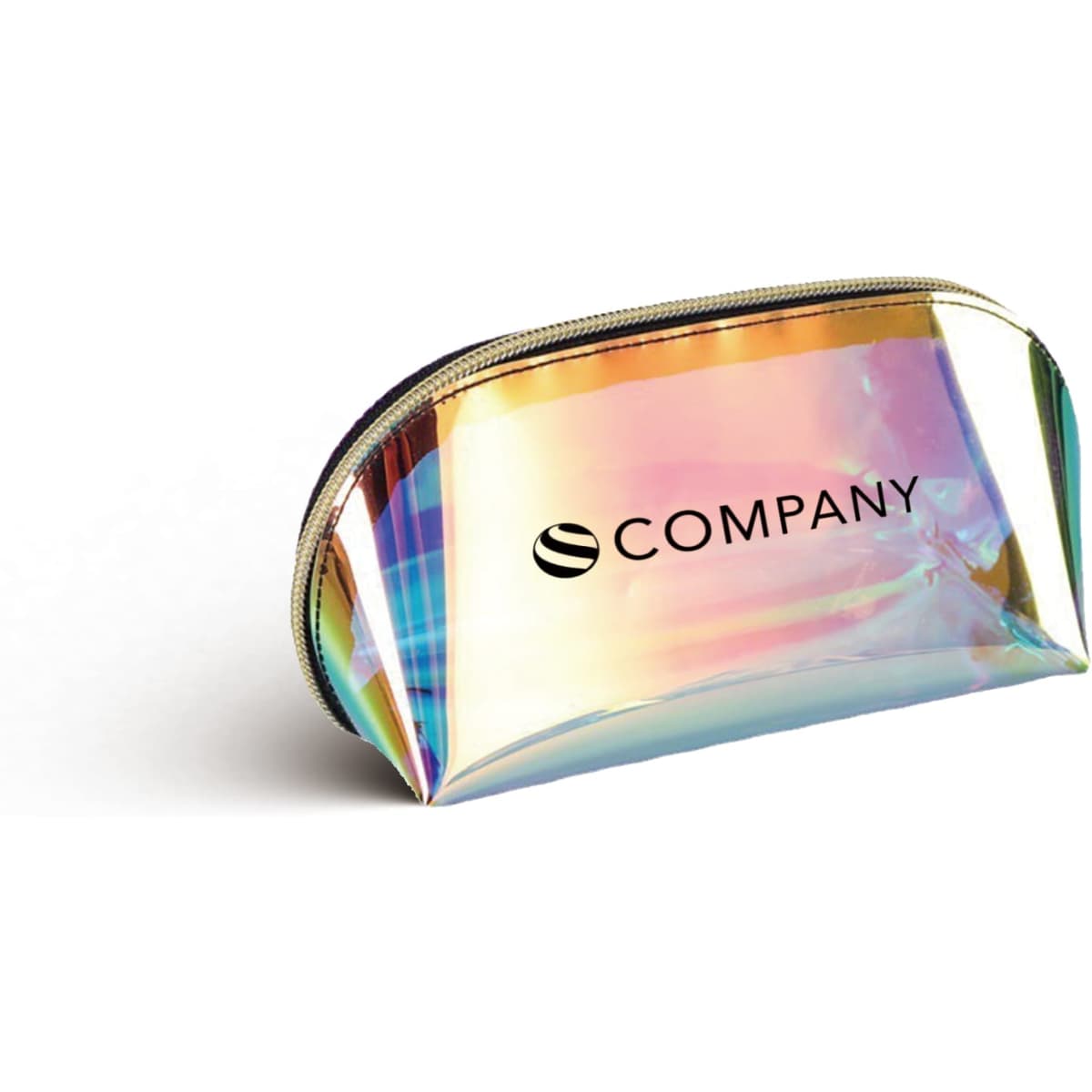 A holographic cosmetic pouch with a zip closure and a logo, featuring iridescent colours.