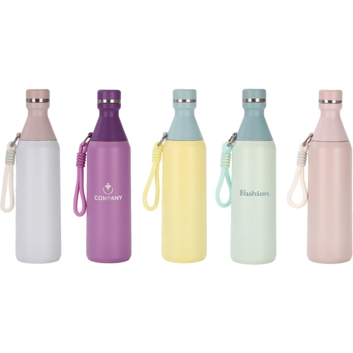 A drink bottle collection features five 500ML stainless steel bottles in various colours: white, purple, blue, yellow, and green.