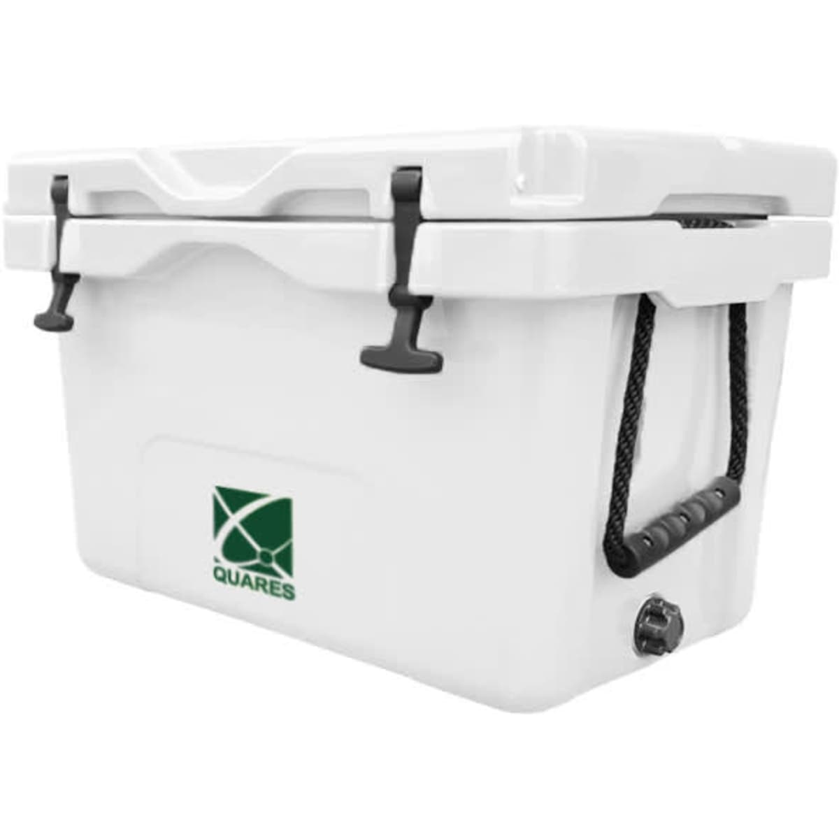 A white 35L cooler box featuring a logo, sturdy handles, and a drainage plug.