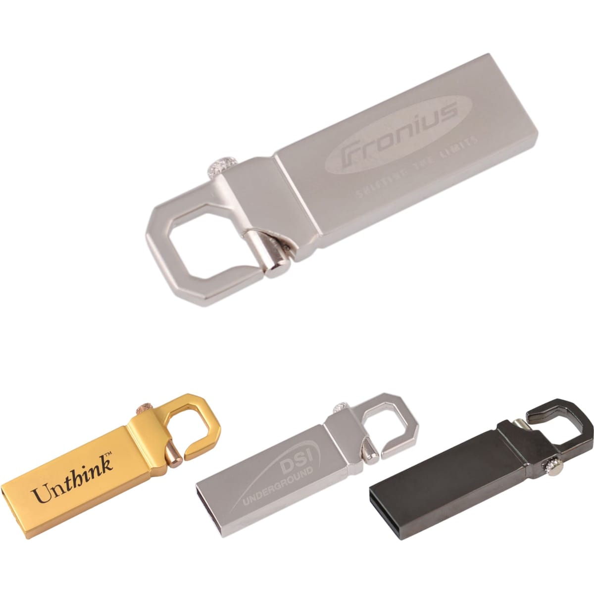 A collection of three metallic flash drives in gold, silver, and black, featuring different shapes and a branding logo.