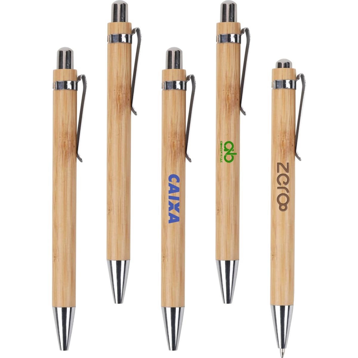 A collection of eco bamboo pens featuring a wooden body and a metallic clip, with various logos displayed.