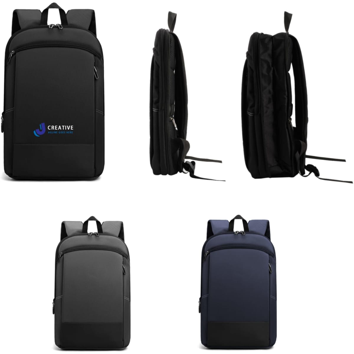 An expandable laptop backpack in black with a logo, shown from multiple angles, including side views.