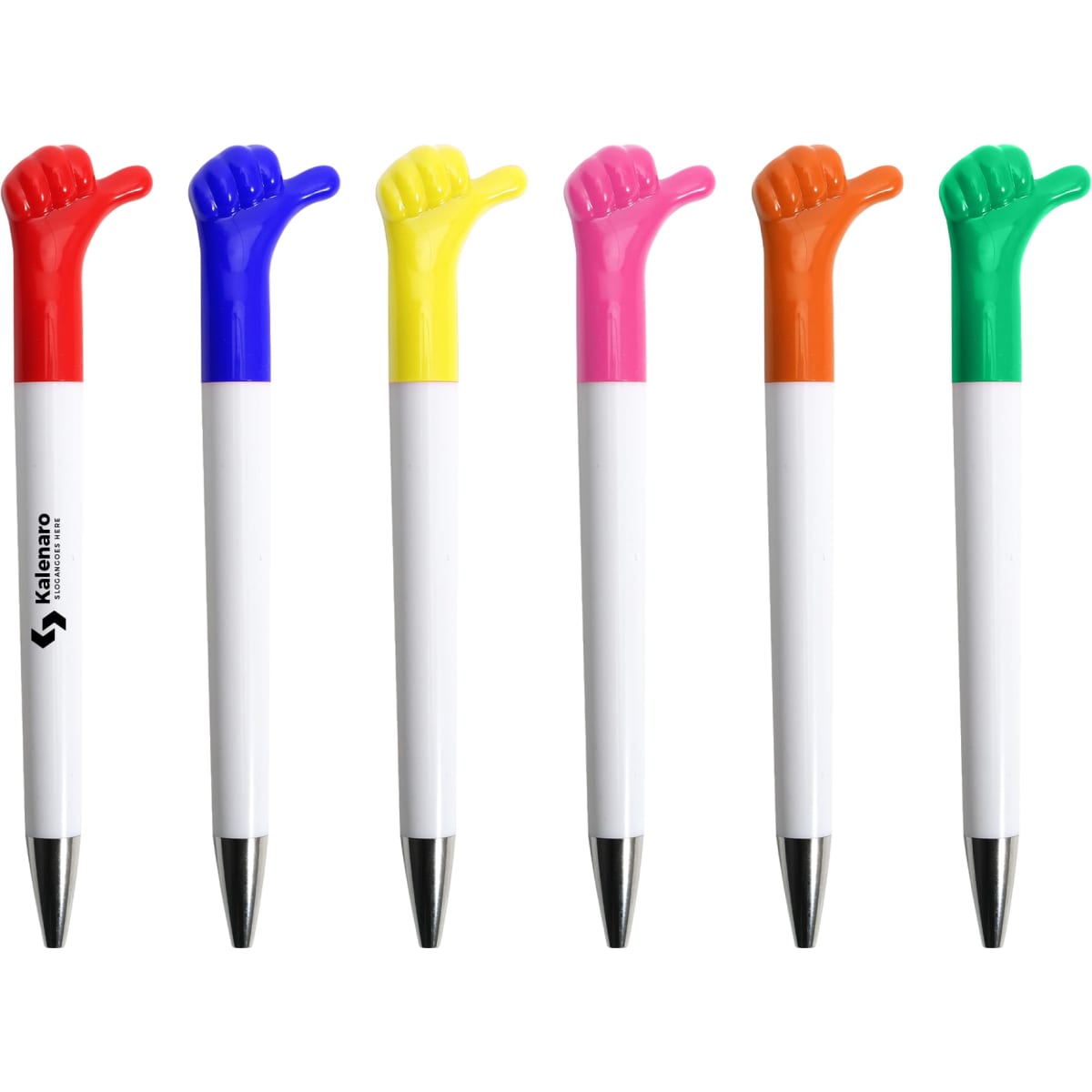 A set of six pens with colourful thumbs-up grips in red, blue, yellow, pink, orange, and green. Each pen has a white body and a logo.