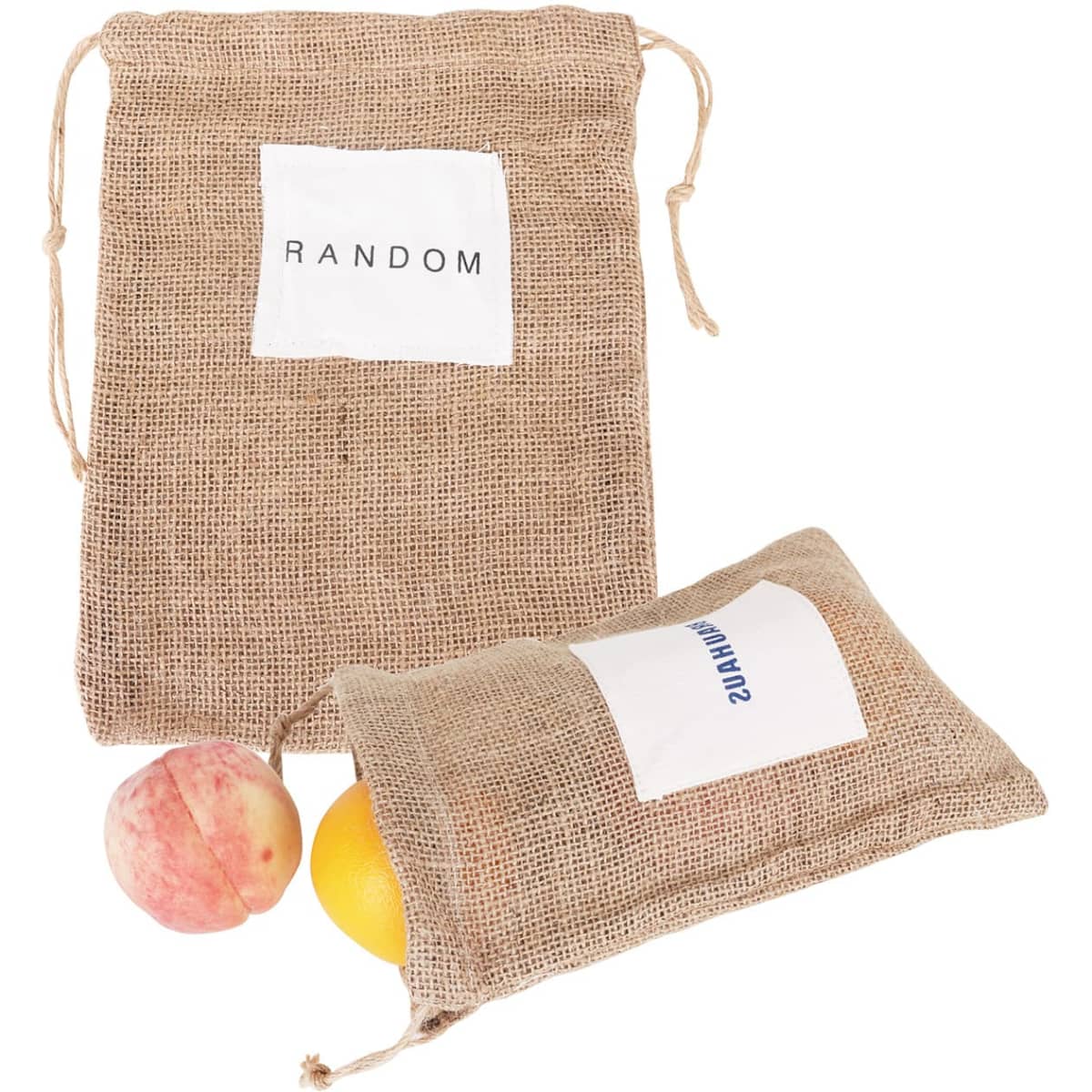 A jute net produce bag in natural brown, containing fruit, with a white label featuring text and a branding logo.