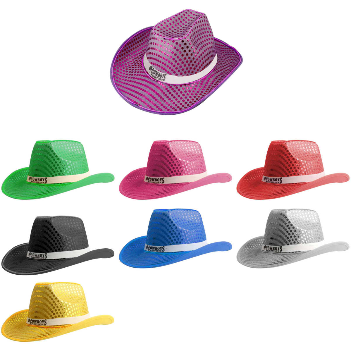 Light up sequin cowboy hats in purple, green, pink, black, blue, silver, and yellow, each featuring a logo.