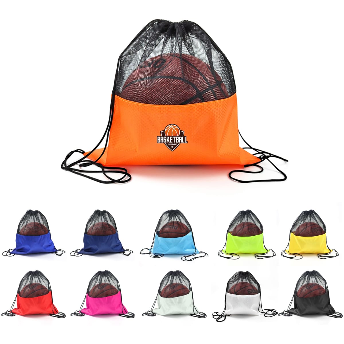 A bright orange drawstring mesh backpack with a basketball inside, featuring a logo and available in multiple colours.