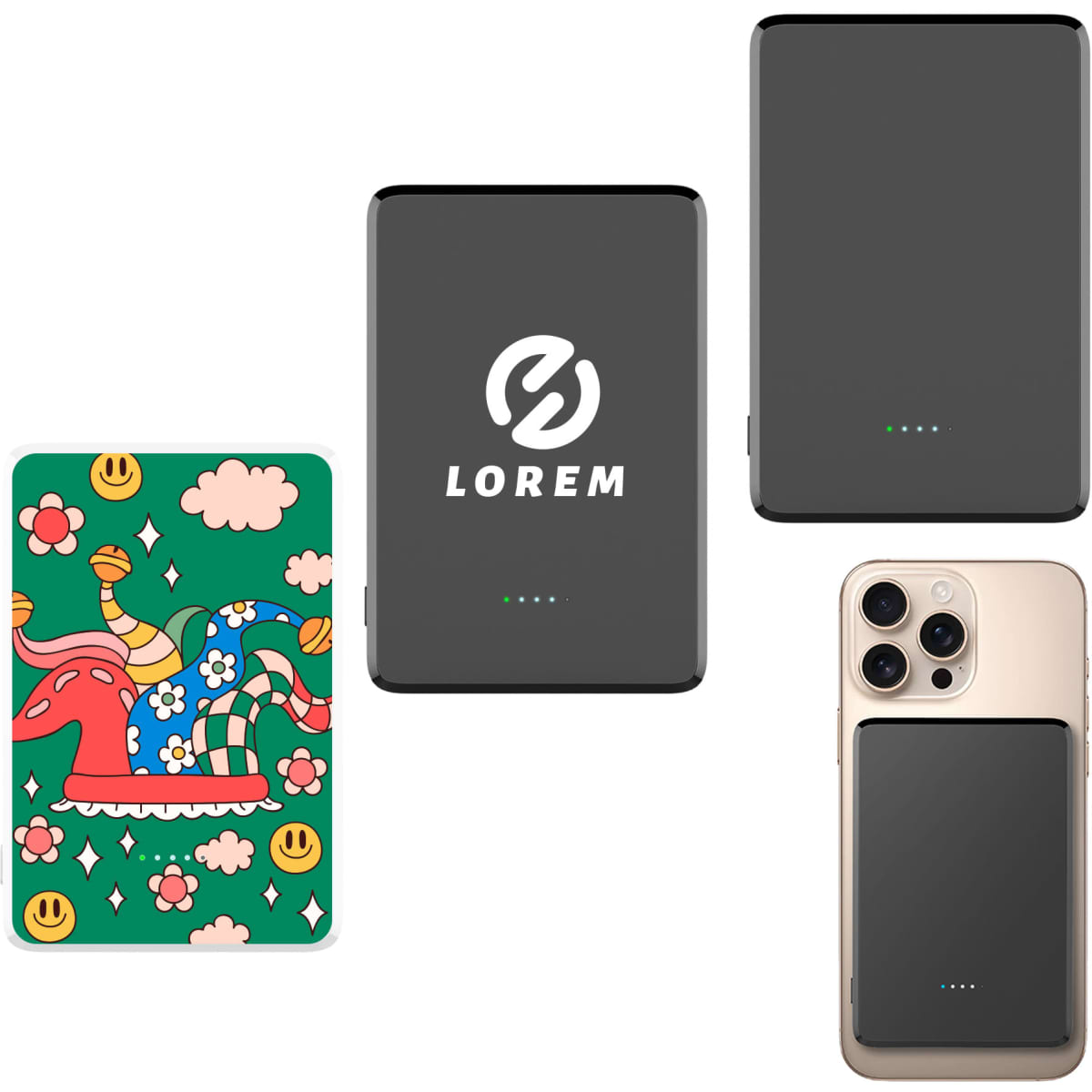 A collection of power banks, including a colourful design and a sleek black model, with a logo present.
