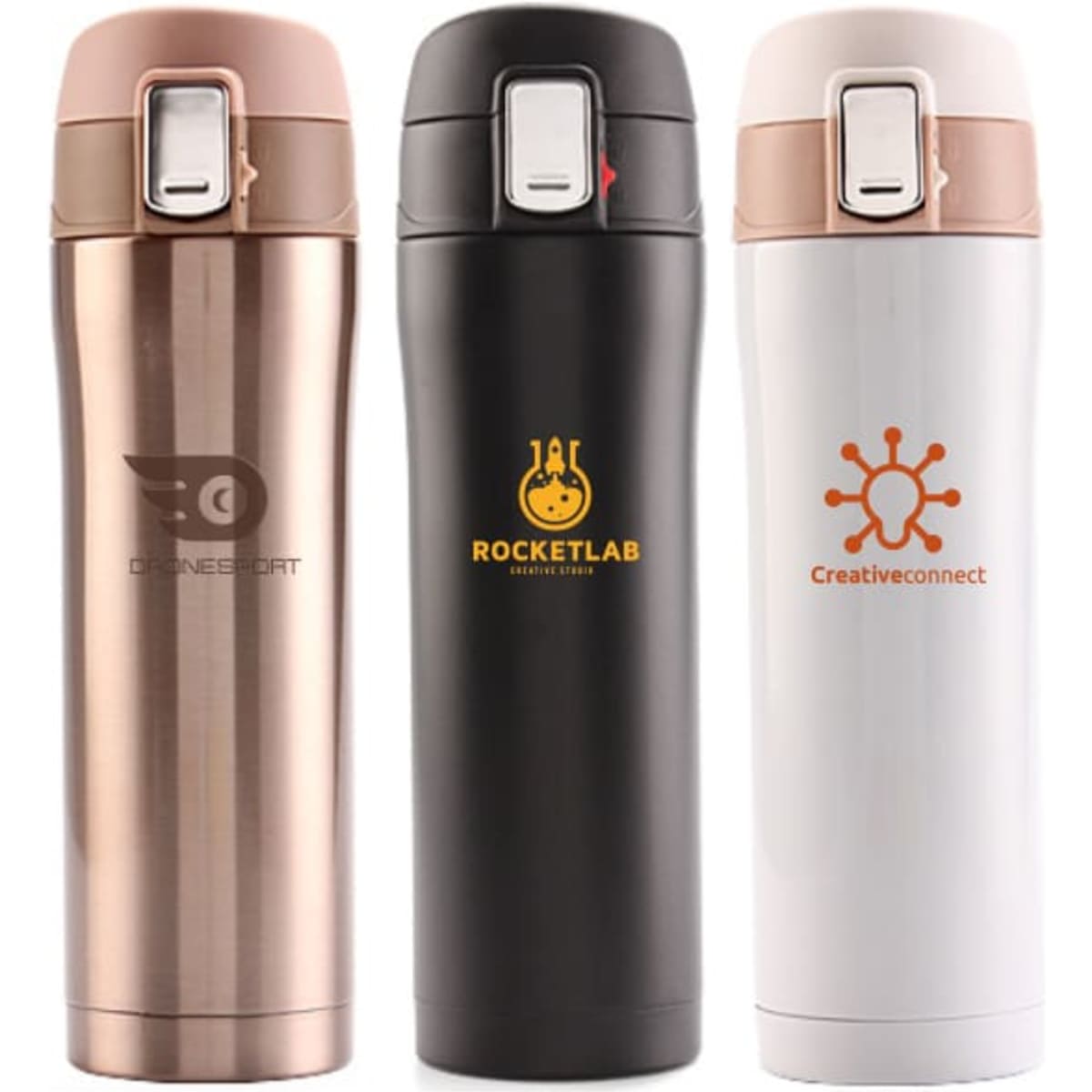 A drink bottle set featuring three stainless steel flasks in rose gold, black, and white, each with a logo.