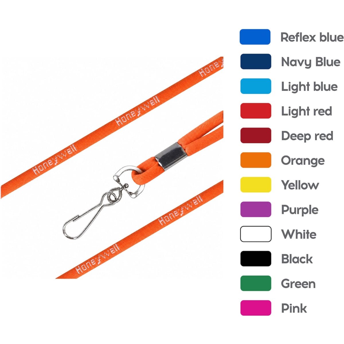 An orange poly rope lanyard with a metal clip and branding, available in multiple colours.