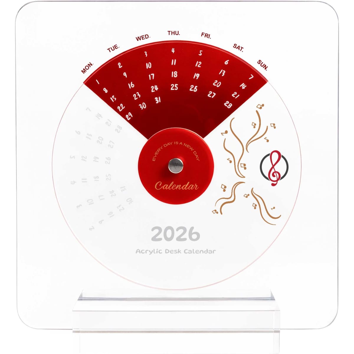 Acrylic desk calendar in white and red, featuring a circular design and decorative elements for each day of the week.
