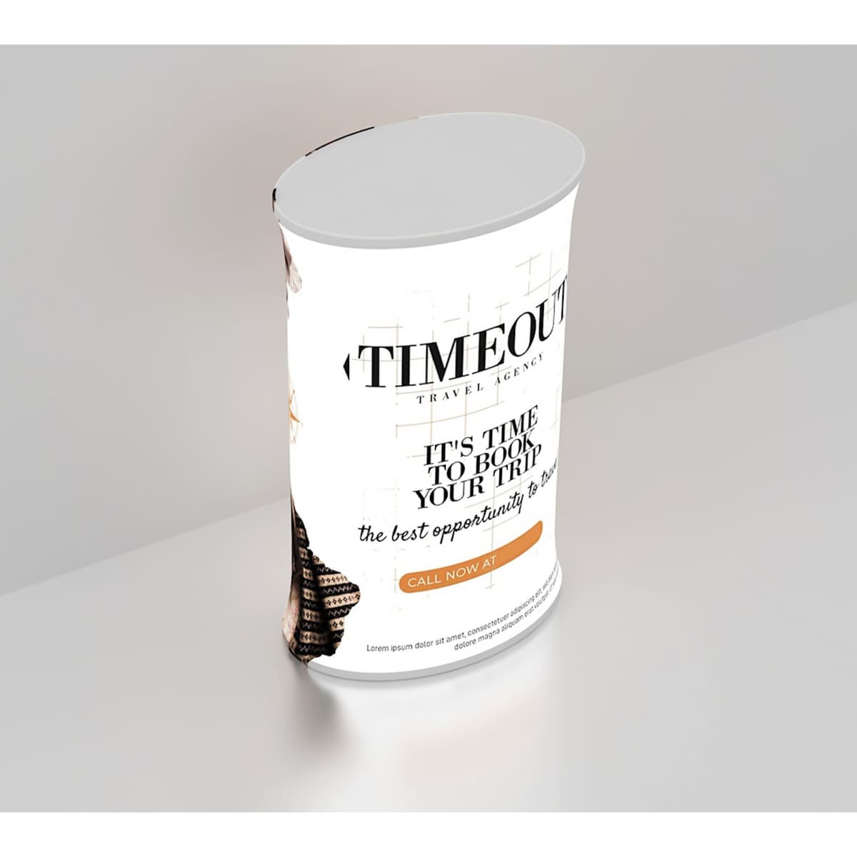 A backlit oval display with a white base, featuring promotional text and a logo, suitable for exhibitions and events.