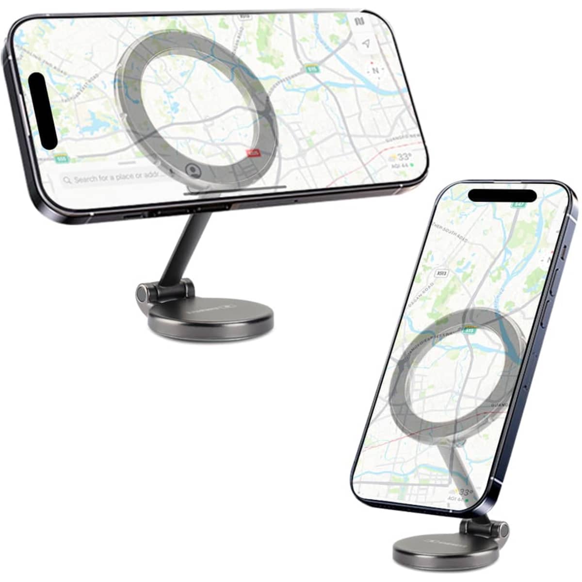 A magnetic car phone holder in black, displaying a smartphone mounted with a map on its screen.