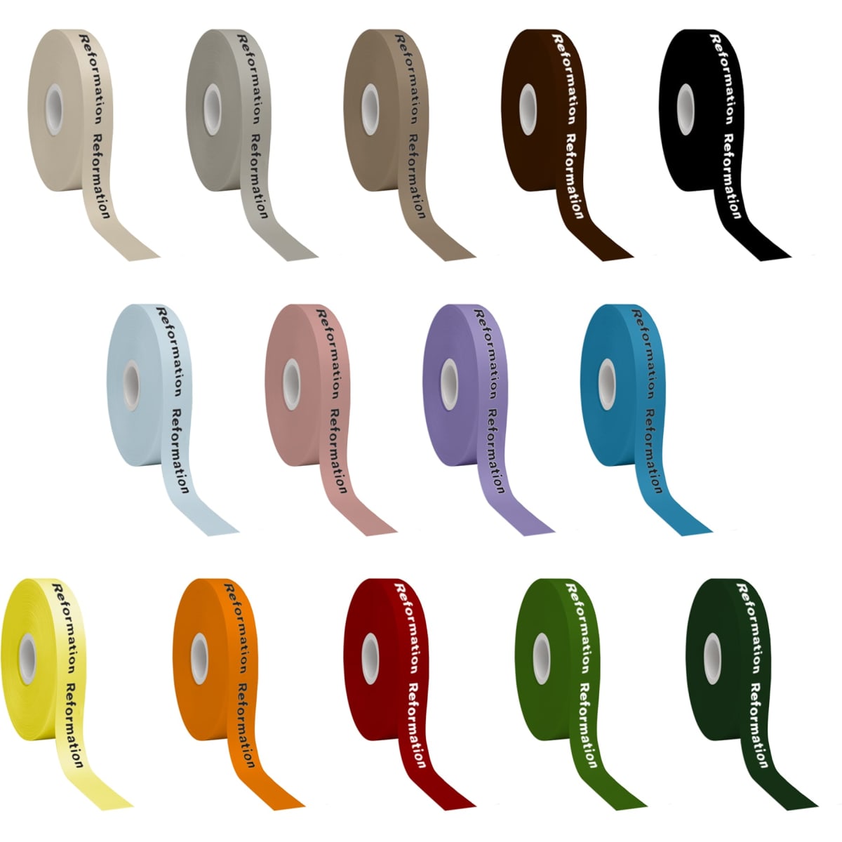 A collection of screen printed satin polyester ribbons in various colours, including brown, pink, purple, yellow, and green. Each ribbon features branding.