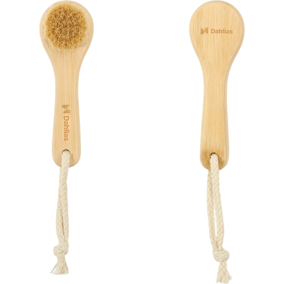 A natural wooden face brush with a soft bristle head and a rope handle, featuring branding on the handle.
