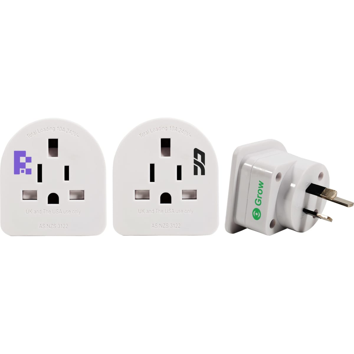 A set of white travel adapters featuring multiple plug types, designed for use in Australasia.