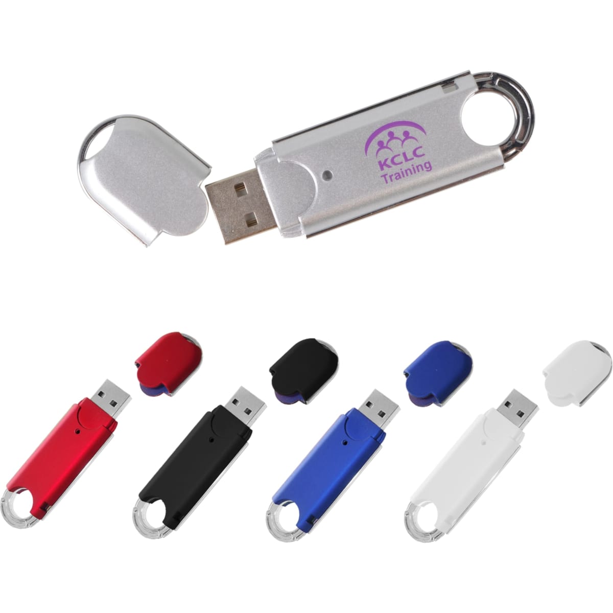 An O-ring flash drive in silver, red, black, blue, and white, featuring a logo on the silver model.