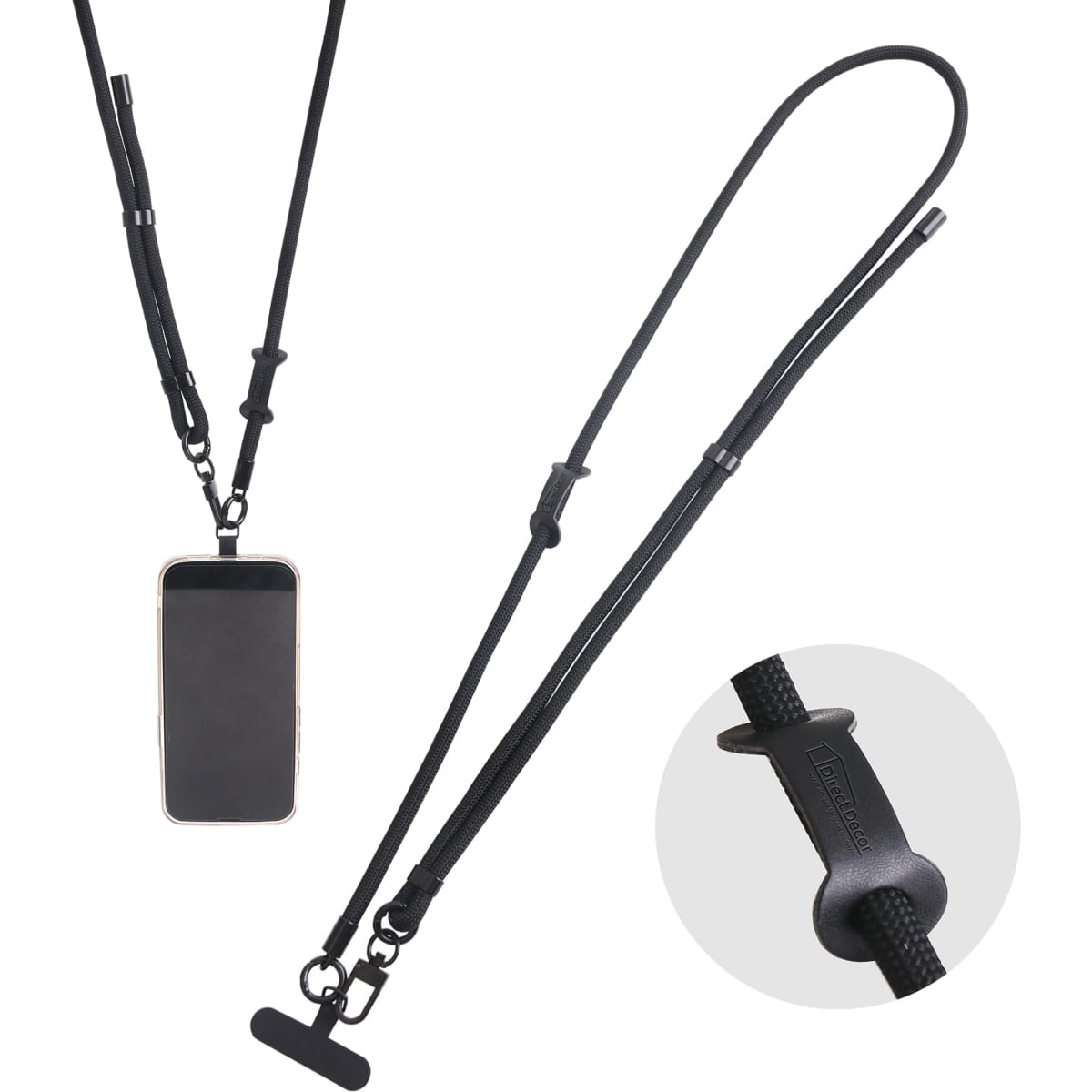 An adjustable black phone lanyard with a smartphone attached, featuring a secure fastening mechanism.