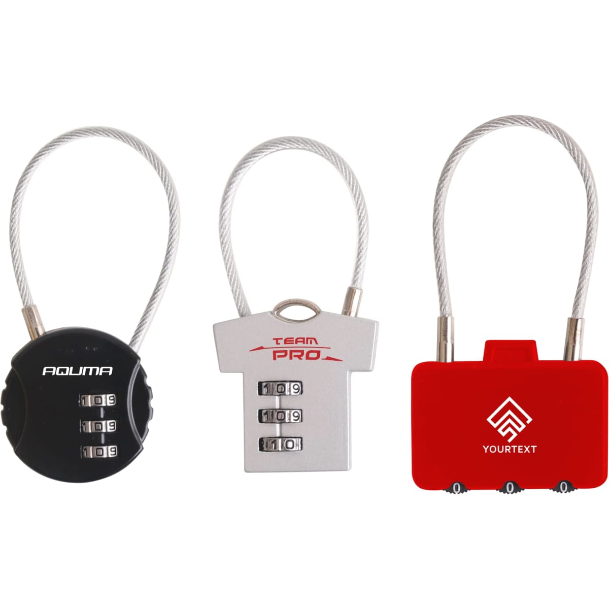 A set of three metal coded locks in black, silver, and red, featuring various designs and a logo.