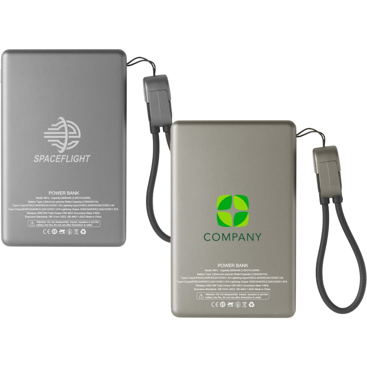 A 5000mAh aluminium power bank in silver with a logo, featuring a USB charging cable.