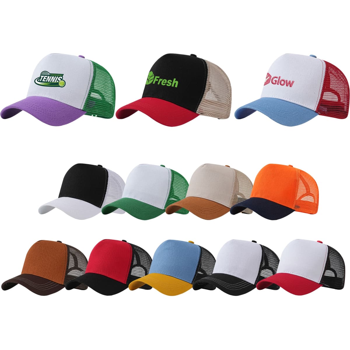 A selection of 5-panel fashion mesh hats in various colours, featuring different logos and branding.
