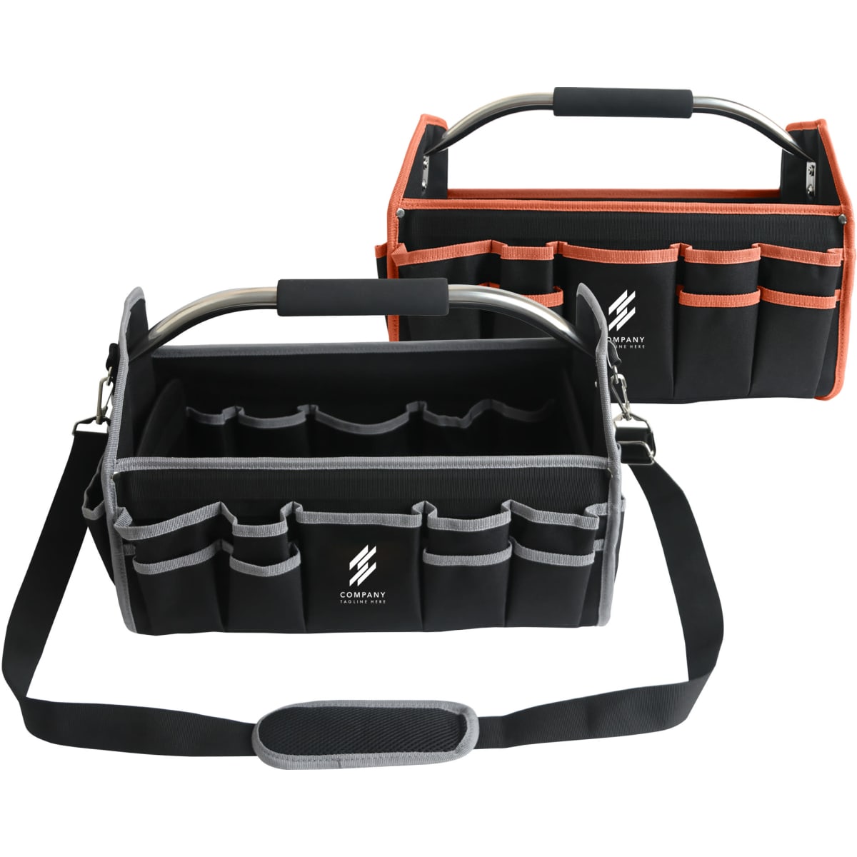 A black tool carrier bag with orange accents and grey trimming, featuring multiple pockets and a sturdy handle.