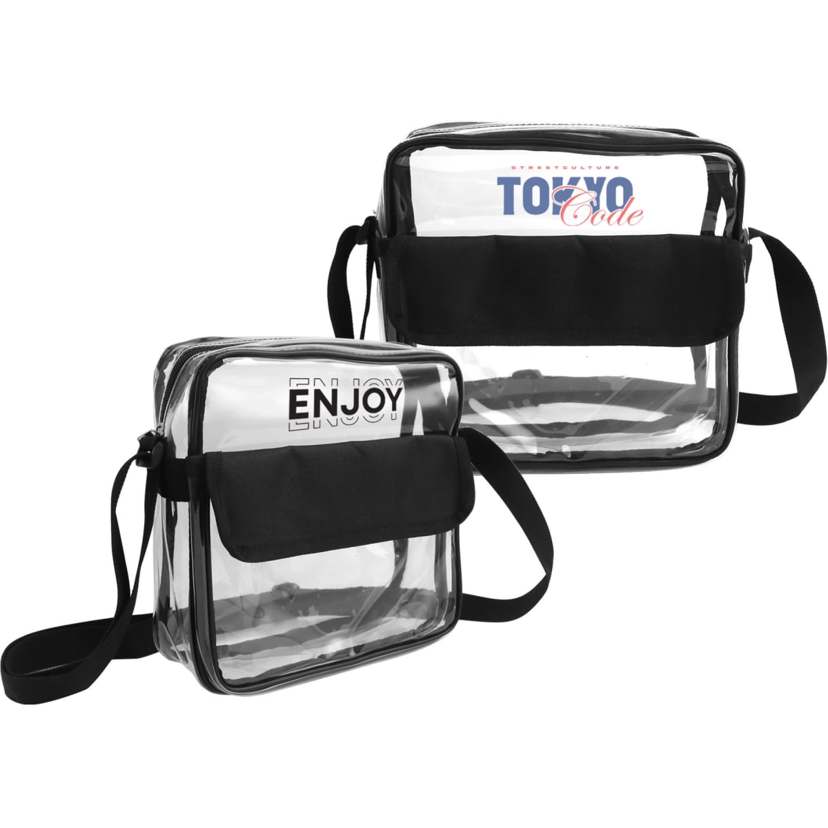 Clear shoulder crossbody bags in a rectangular shape, featuring a black strap and black accents. One bag displays a logo.