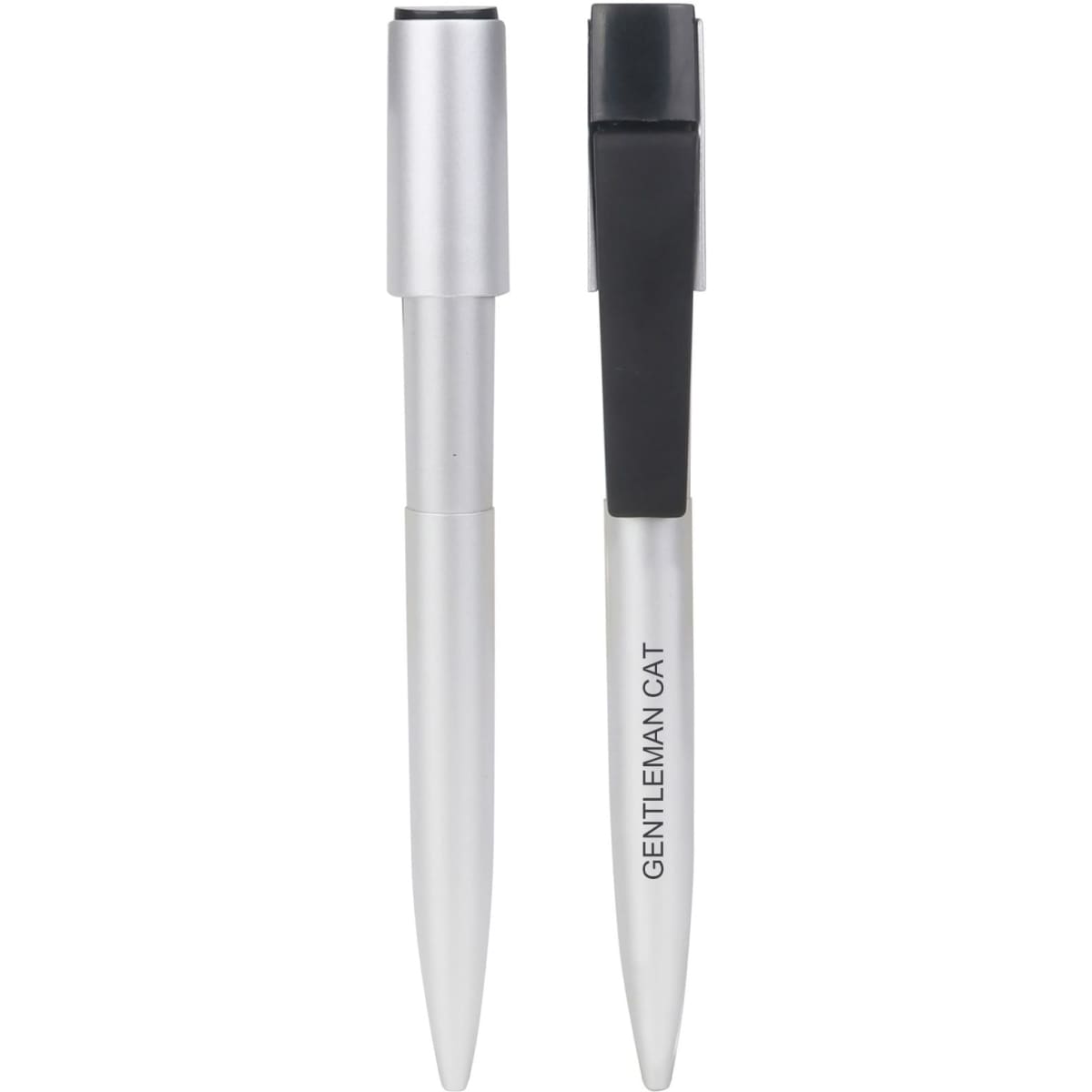 A click USB memory pen in silver and black, featuring a sleek design and a logo on the barrel.