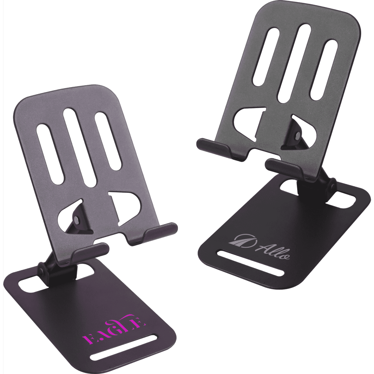 A foldable metal mobile phone stand in black, featuring a stylish design and space for branding.