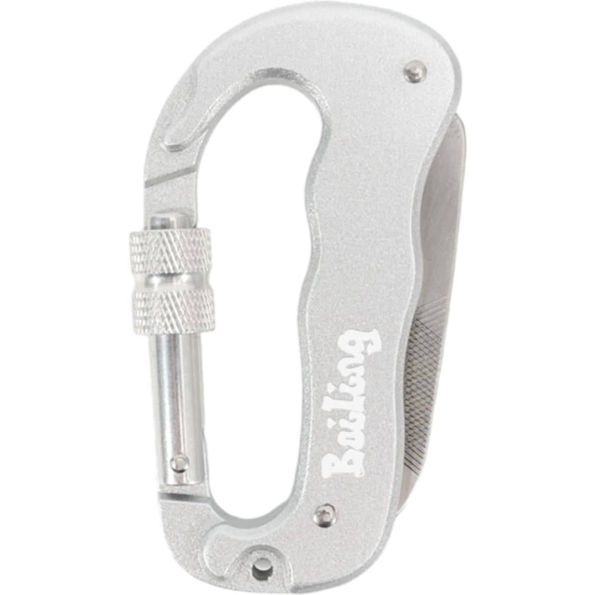 A silver multifunctional carabiner with a textured grip and a locking mechanism, featuring a logo.