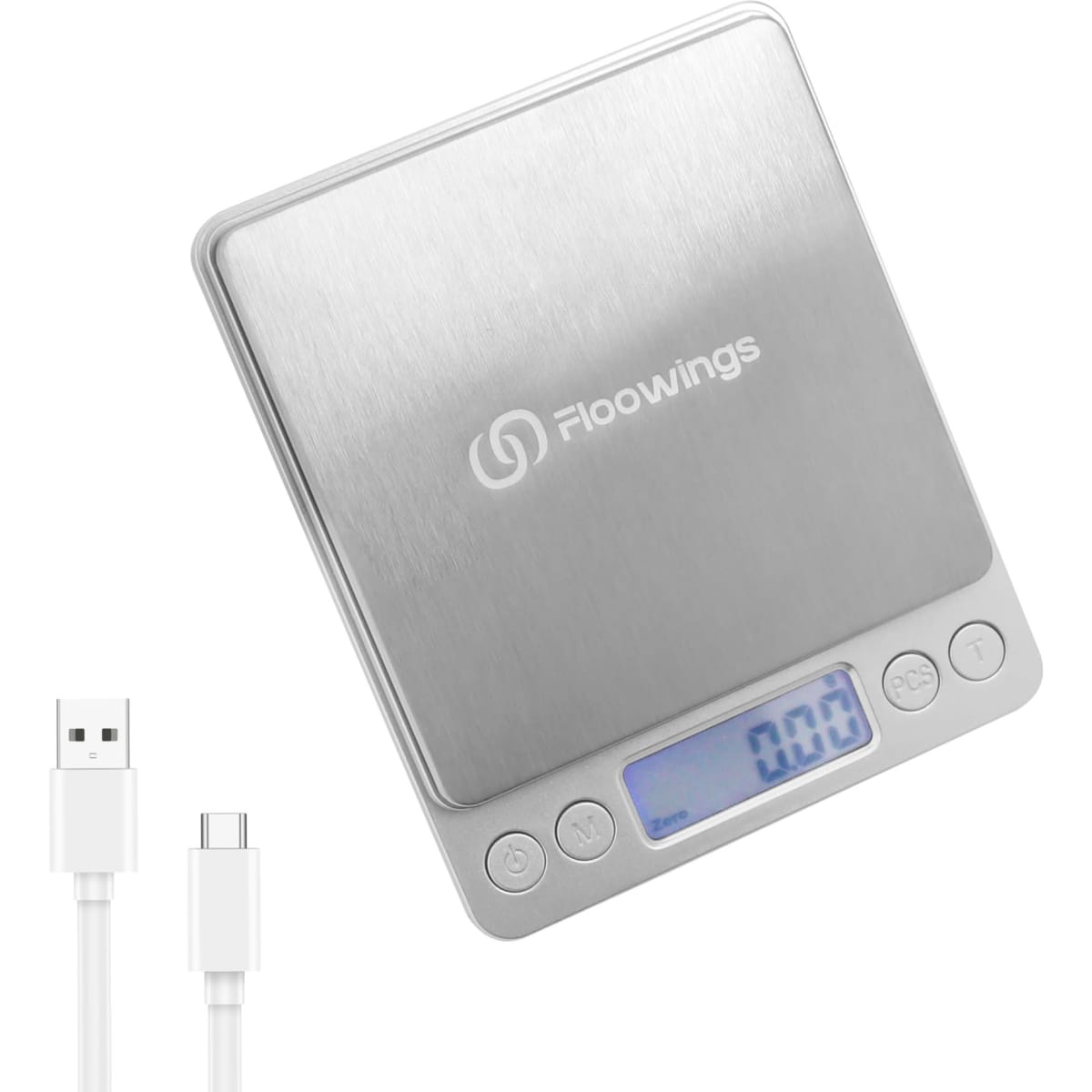 A silver rechargeable kitchen scale with a digital display and a USB charging cable. It features a logo on the surface.