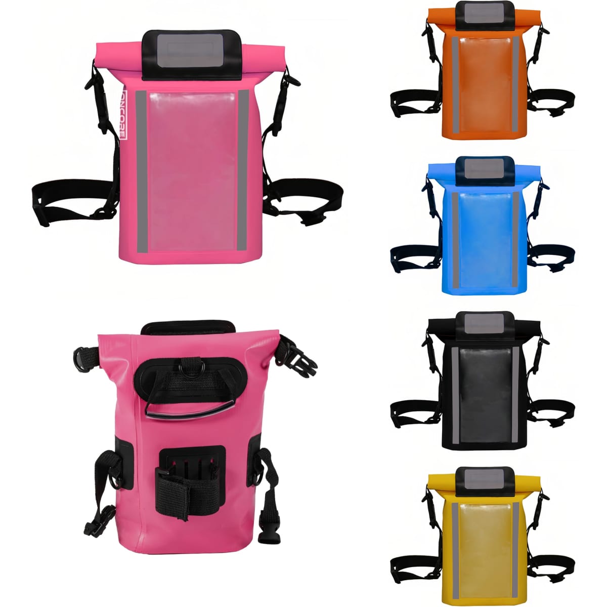 A pink, orange, blue, black, and grey waterproof crossbody handlebar bag featuring adjustable straps and a front pocket.