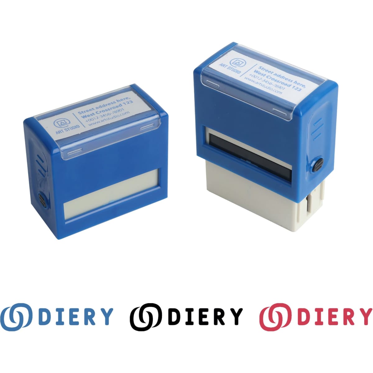 Two blue self-inking rubber stamps with a white stamping surface, featuring a logo on one side.