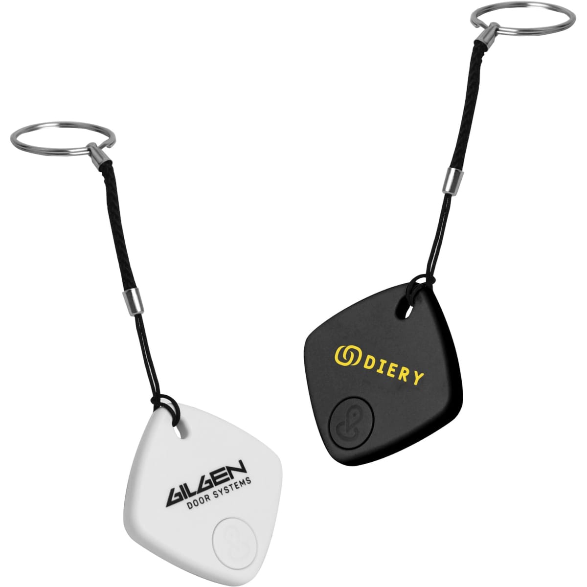 A white and black smart tag with keyrings, featuring a small logo on each tag.