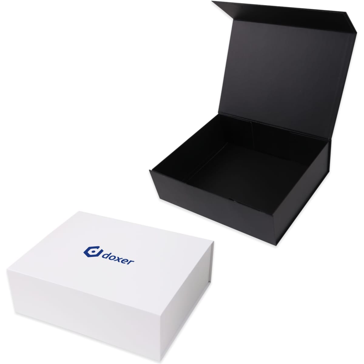 A large foldable magnetic box in white with a logo, featuring a black interior.