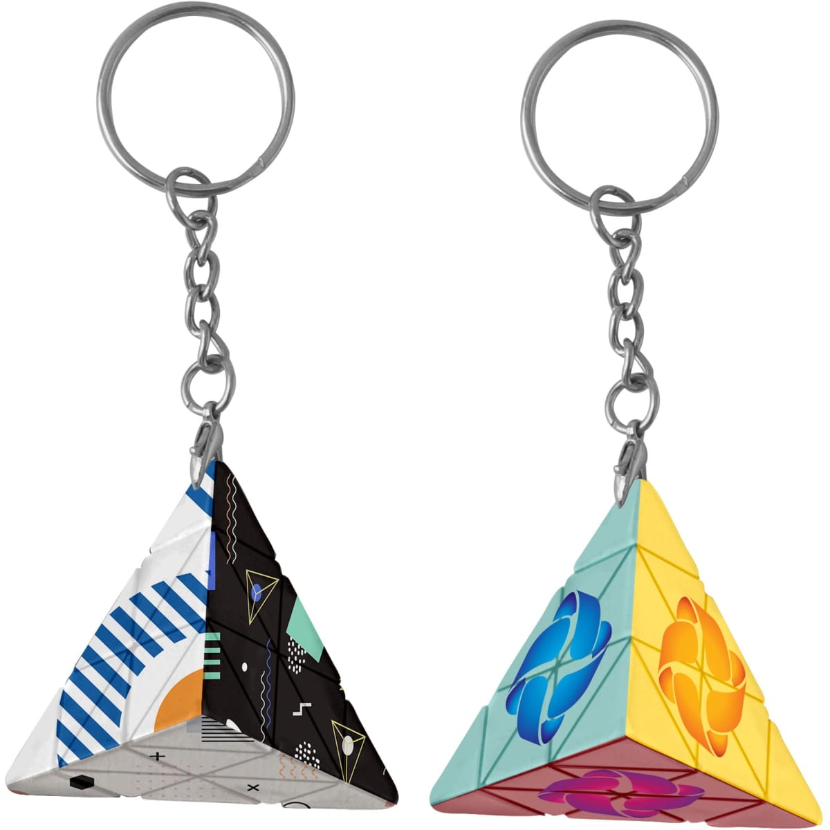 Pyramid-shaped keyrings in vibrant colours with geometric designs, featuring a metallic keychain attachment.