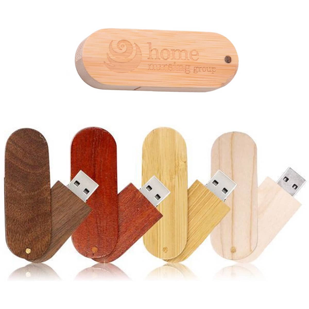 A collection of wooden flash drives in various shades, featuring a carved logo on one drive.