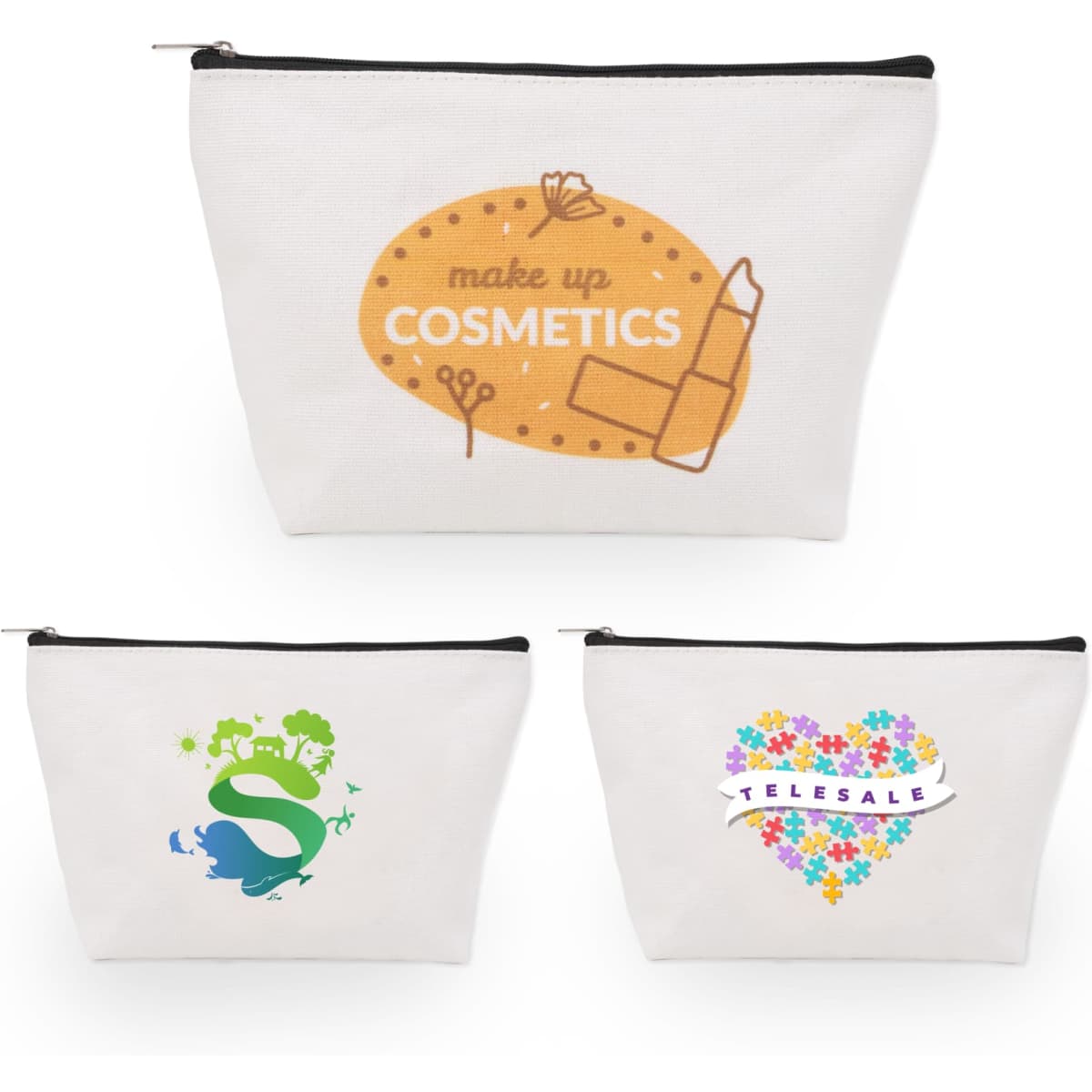 A canvas cosmetic bag in cream featuring three different designs, each with various colours and a logo.