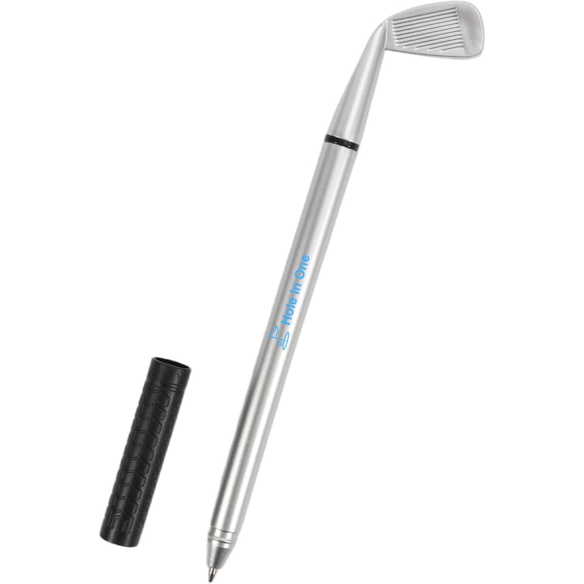 A silver golf pen featuring a golf club design, accompanied by a black grip cover.