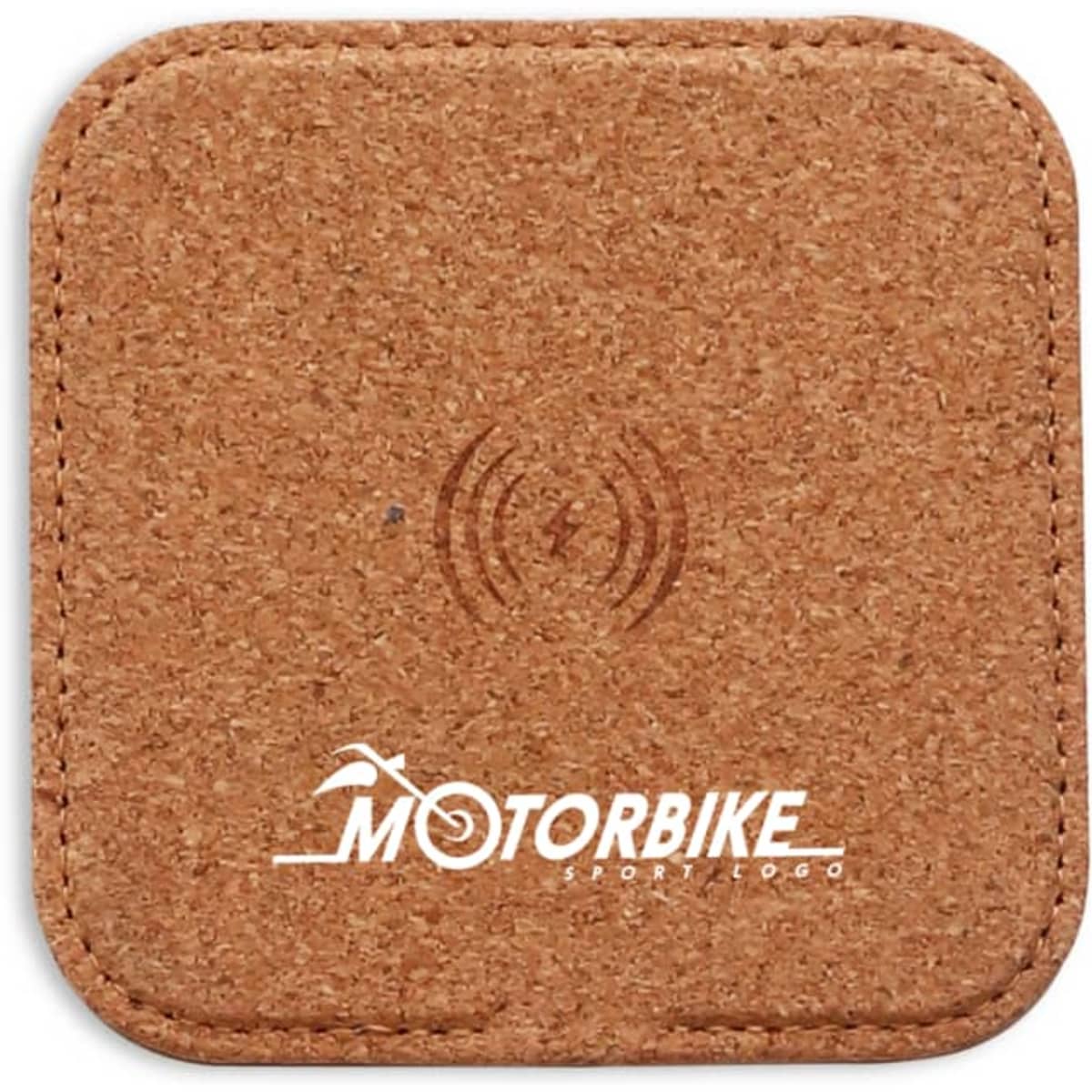 A square cork wireless charger featuring a simple design and a logo.