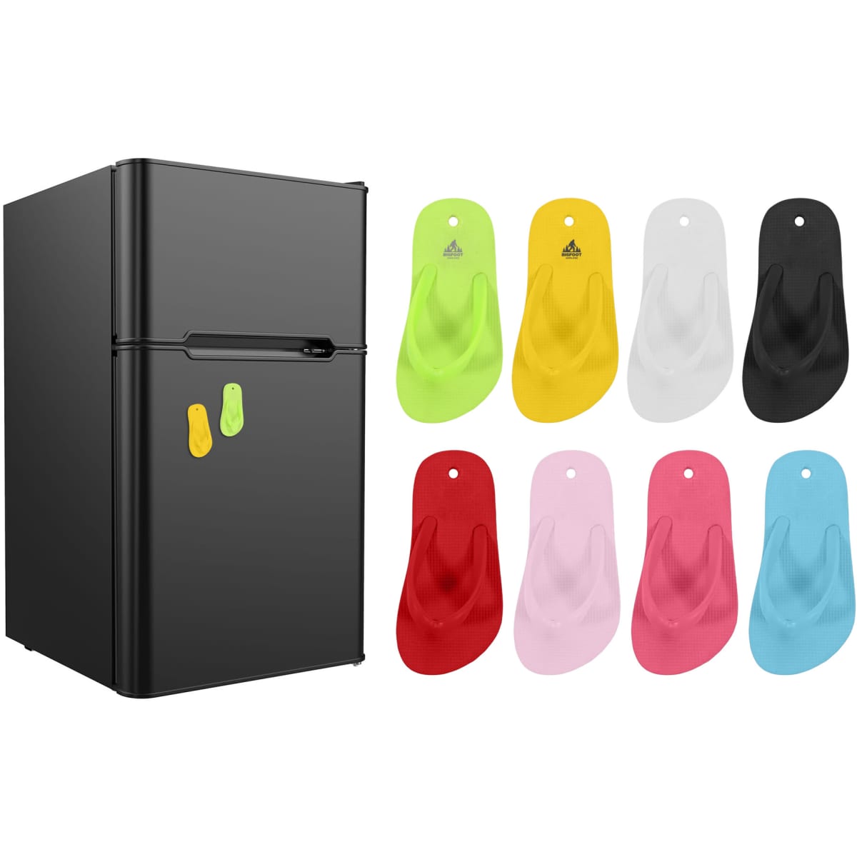 A black fridge with eight thong-shaped fridge magnets in pink, white, yellow, green, and black.