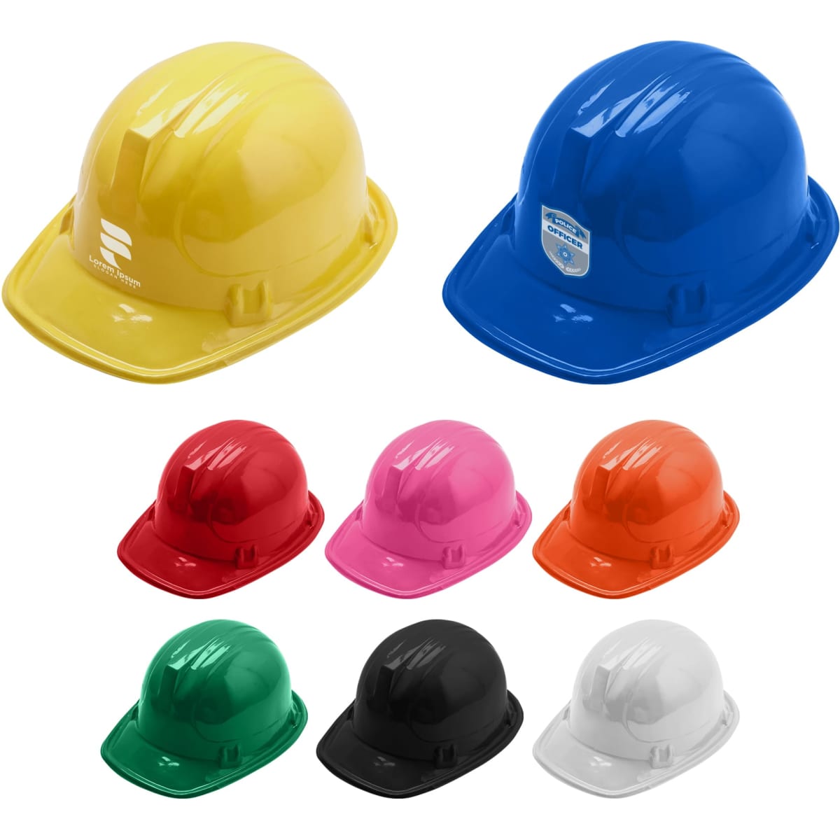 A collection of PVC construction hats in yellow, blue, pink, orange, green, black, and white. Each hat has a shiny finish.
