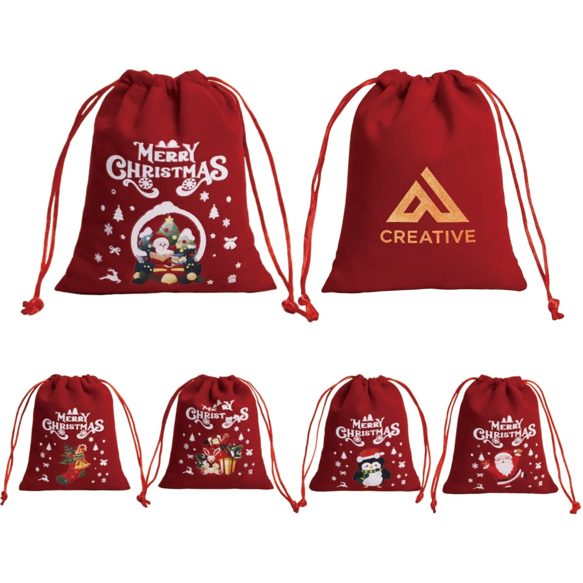A set of red drawstring gift bags featuring Christmas designs, including Santa and snowmen, with logos present.