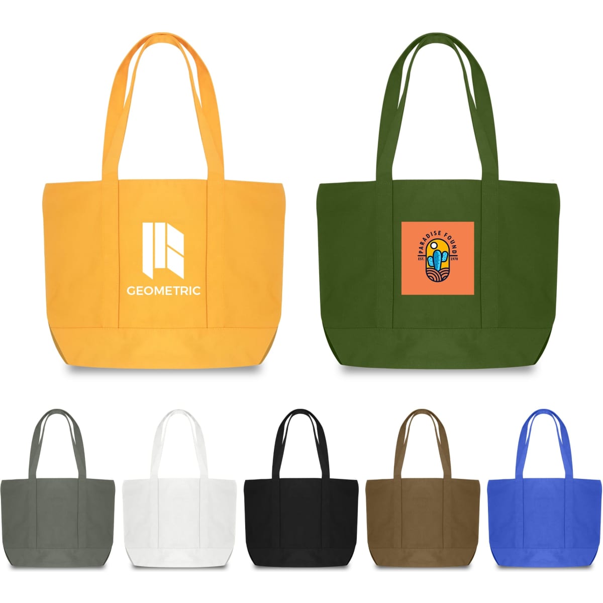A collection of Canvas Zippered Tote Shoulder Bags in yellow, green, grey, white, black, and brown, featuring various logos.