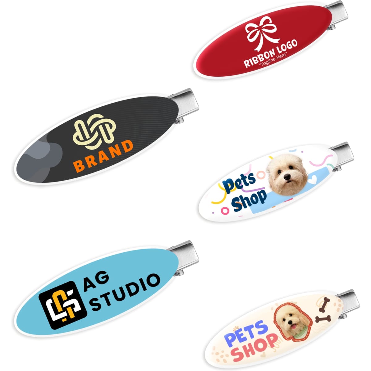 A set of oval acrylic hair clips in red, black, white, and multi-coloured designs, featuring various logos and images.