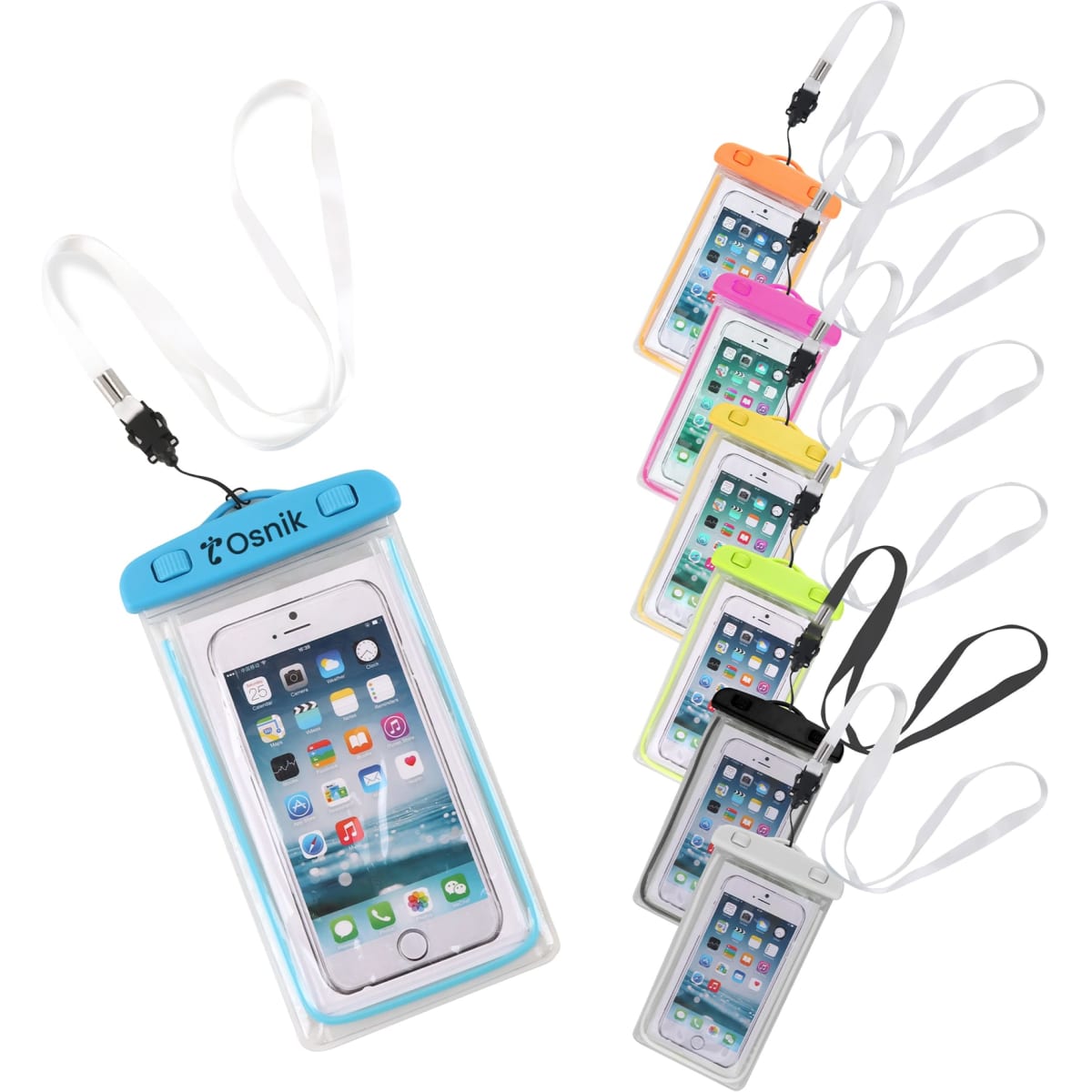 A waterproof phone bag in various colours, featuring a lanyard and a logo, with a smartphone displayed inside.