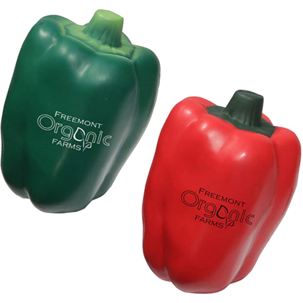 A green and a red capsicum-shaped stress reliever with a logo, both made of soft material.