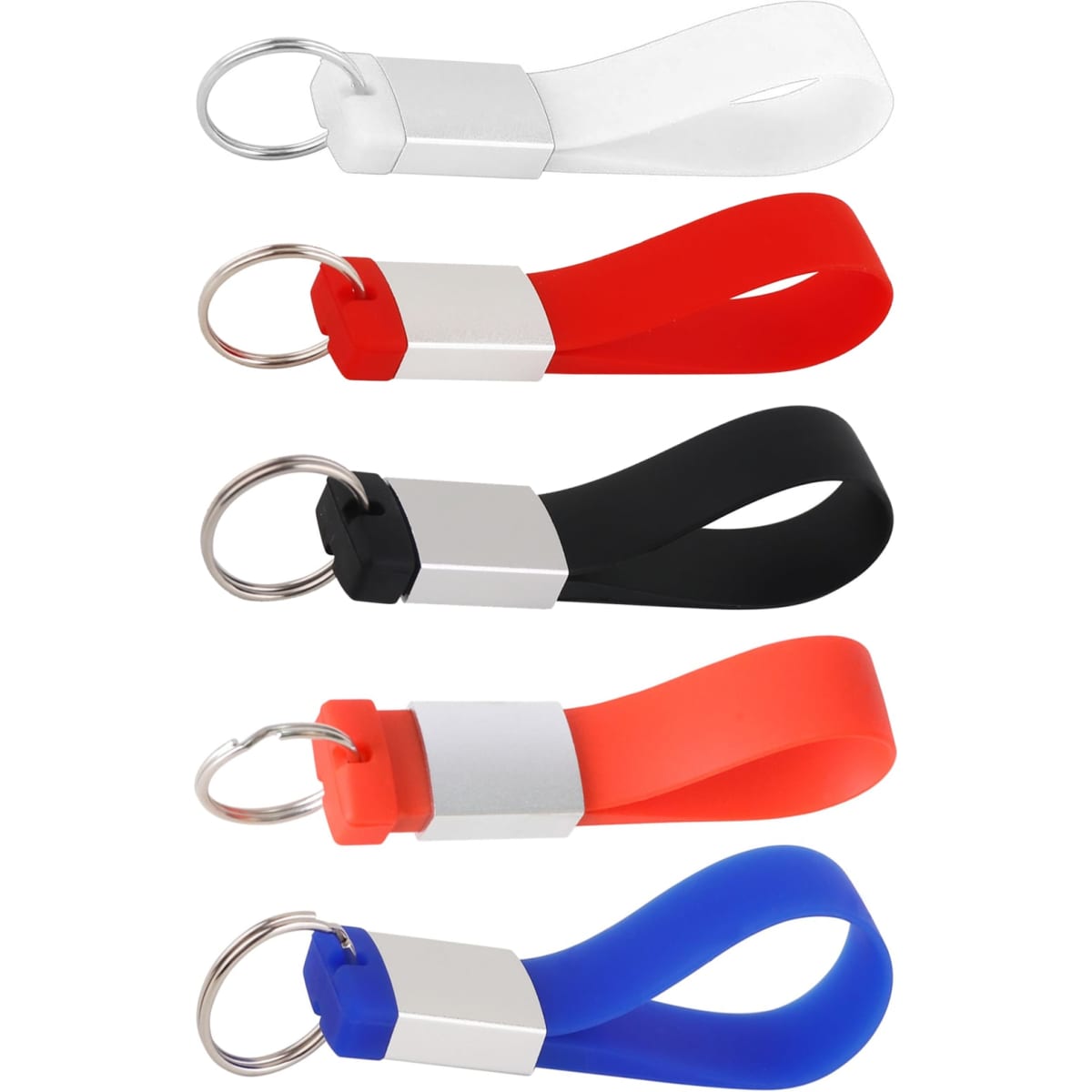 A set of silicone tag flash drives in white, red, black, orange, and blue with metal keyring attachments.