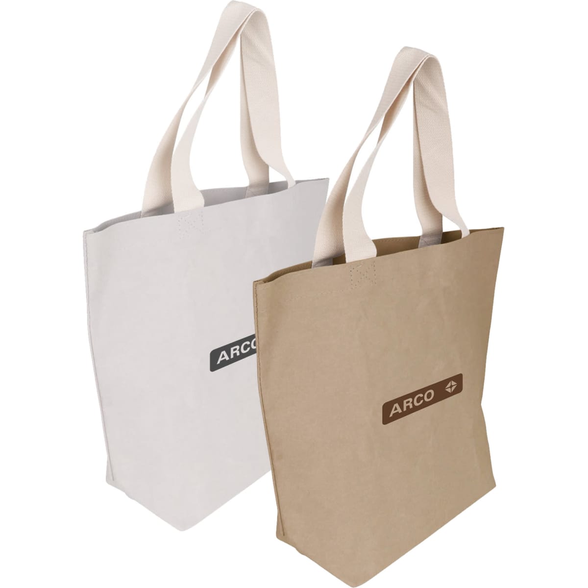 A large washable kraft paper bag in brown and white with cotton handles and a logo on the front.