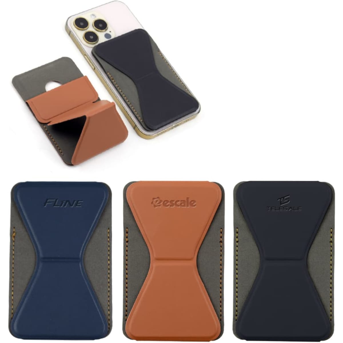 A collection of PU MagSafe phone stand card holders in brown, navy, and black, featured with a phone.