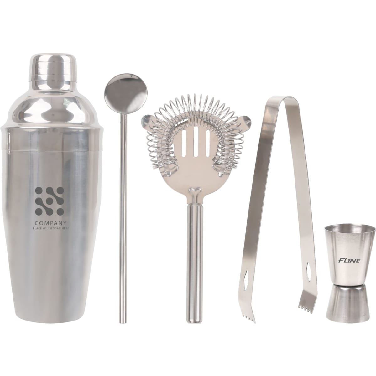 A cocktail tools set featuring a stainless steel shaker, strainer, stirring spoon, tongs, and jigger, all in silver.